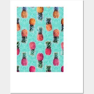 From Pineapple to Pink - tropical doodle pattern on mint Posters and Art